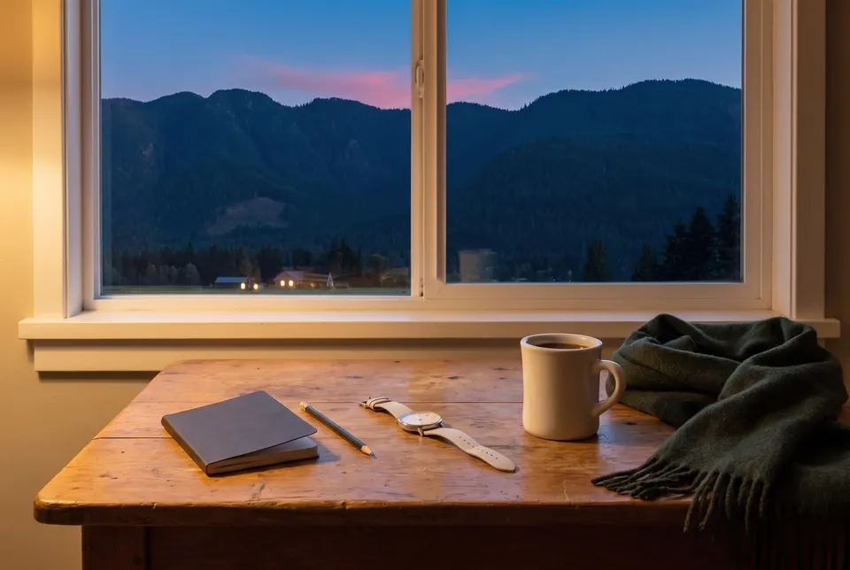 Notebook, watch and coffee by a dusk window