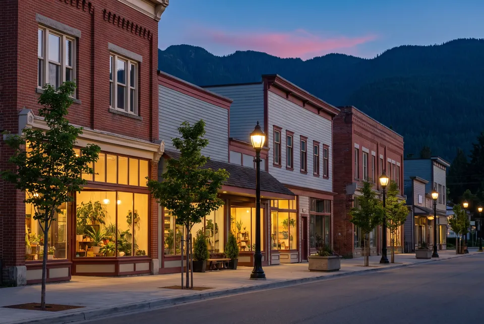 Downtown brick storefronts at dusk under dark mountains