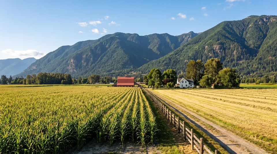 Corn rows and a farm lane below forested mountains
